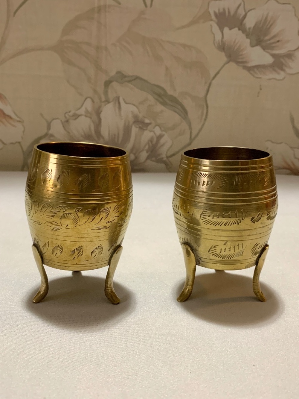 Pair Footed 3.5” Etched Brass Barrels - Decor, Vases, Succulent Planters - India